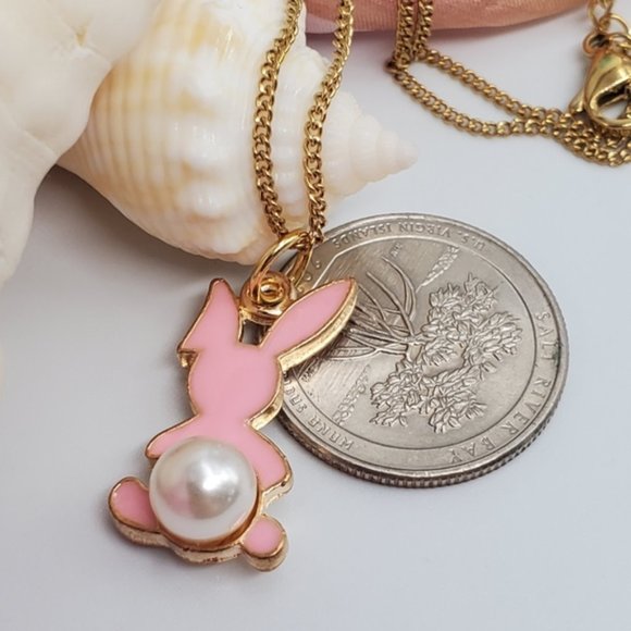 Baby Rabbit Bunny's Pink Enameled Faux Pearl Gold Chain Necklace - Picture 2 of 6